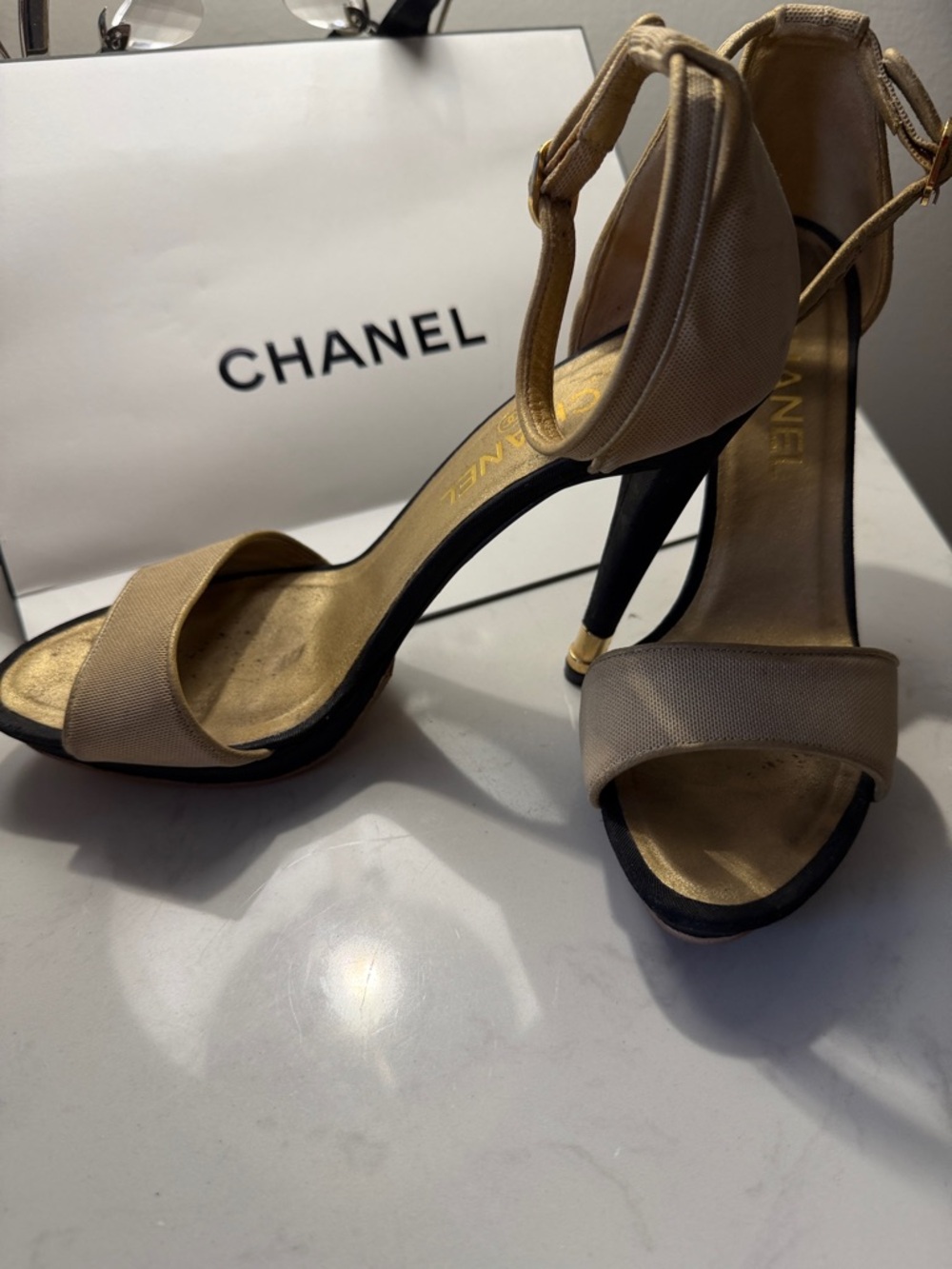 CHANEL Beige and Black SATIN Ankle-Strap Stilettos with Gold Accents from 2001 - Picture 6 of 6